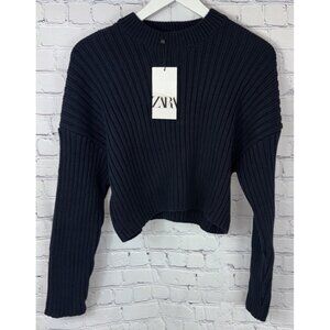 NWT ZARA Women's Black Sweater Ribbed Chunky Cropped Size Large